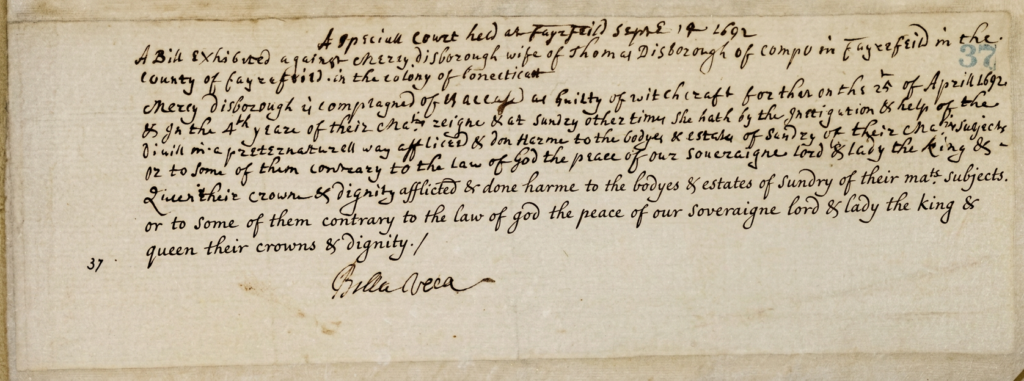 Bill of accustaion of Mercy Disbrough for witchcraft